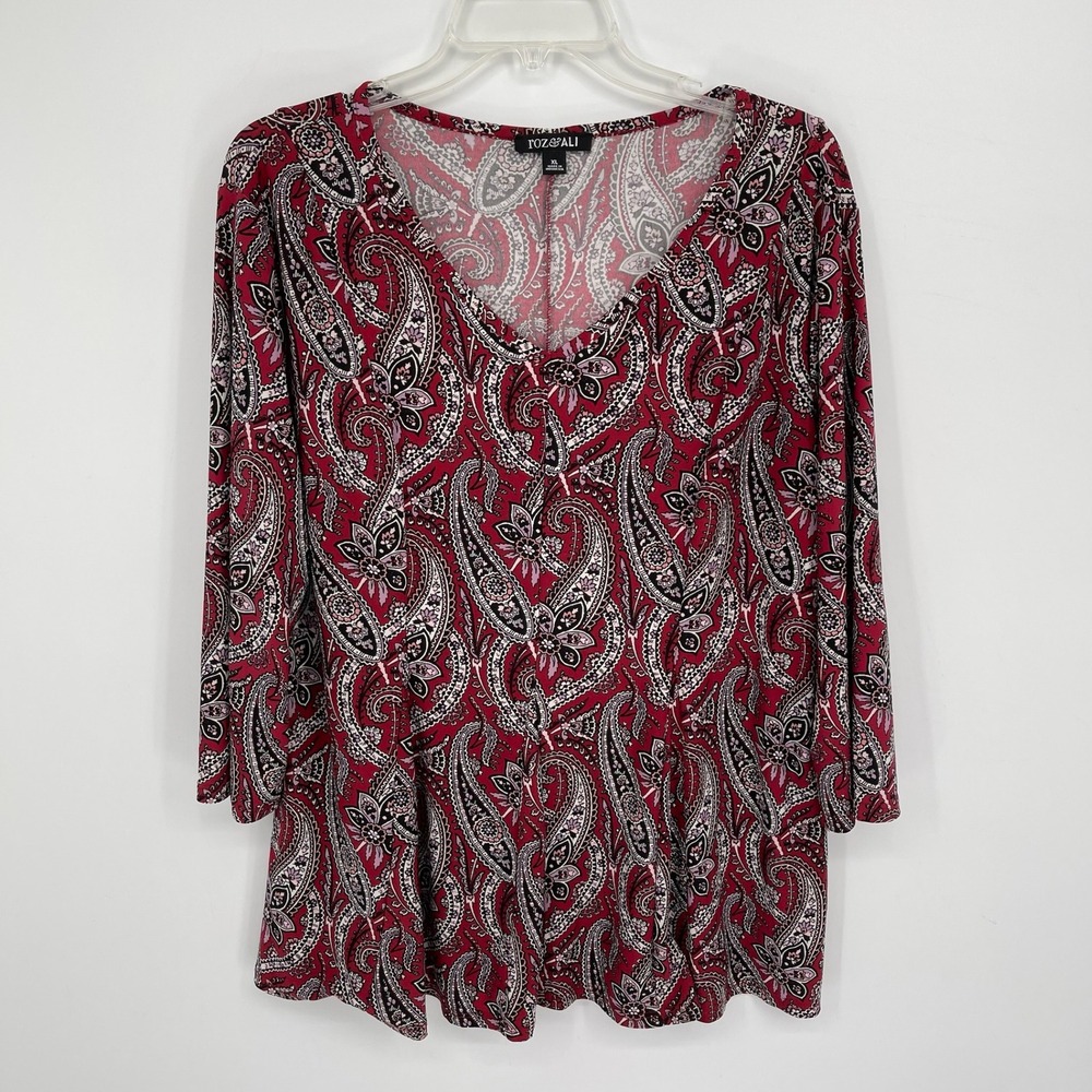 Roz & Ali Women's Red Paisley 3/4 Sleeve Stretch V-Neck Boho Top Blouse Size XL